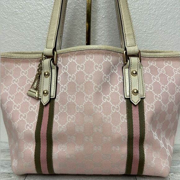 LOW START Gucci Sherry Line GG Pink Canvas Tote With Charms - Picture 3 of 13
